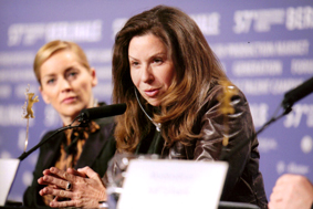 Producer Mary Aloe and Executive ProducerStar Sharon Stone at the international press conference for When A Man Falls In the Forest which was in the main competition at the Berlin Film