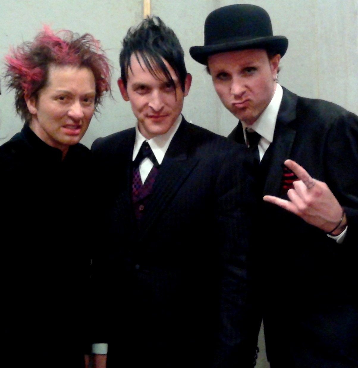 Actors Johnny Alonso (Kazz the bass player), Robin Lord Taylor (The Penguin)and Soda (singer in Paradox)on the set of Gotham. www.johnnyalonso.com