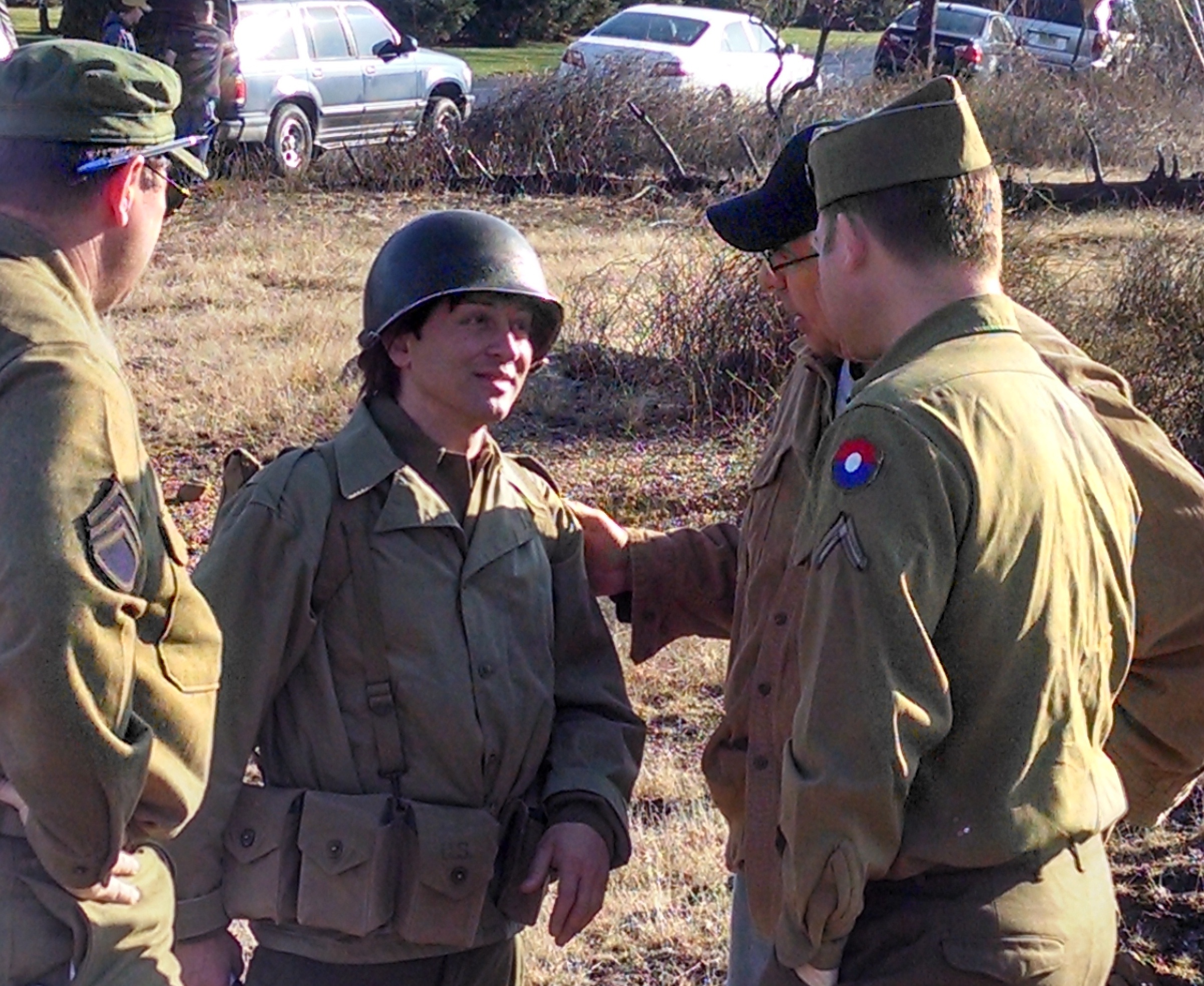 Director Michael Fraticelli introduces actor Johnny Alonso to one of the extras on set. Johnny plays Italian soldier Corporal Fiato in 