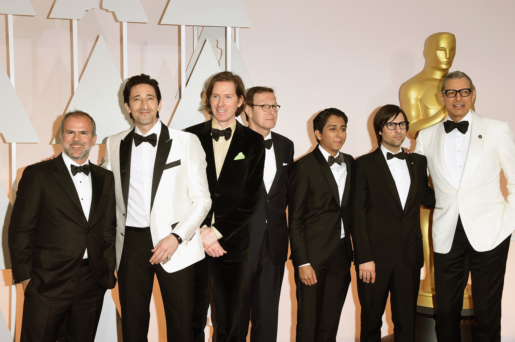 Jeff Goldblum, Adrien Brody, Wes Anderson, Jeremy Dawson, Tony Revolori and Hugo Guinness at event of The Oscars (2015)
