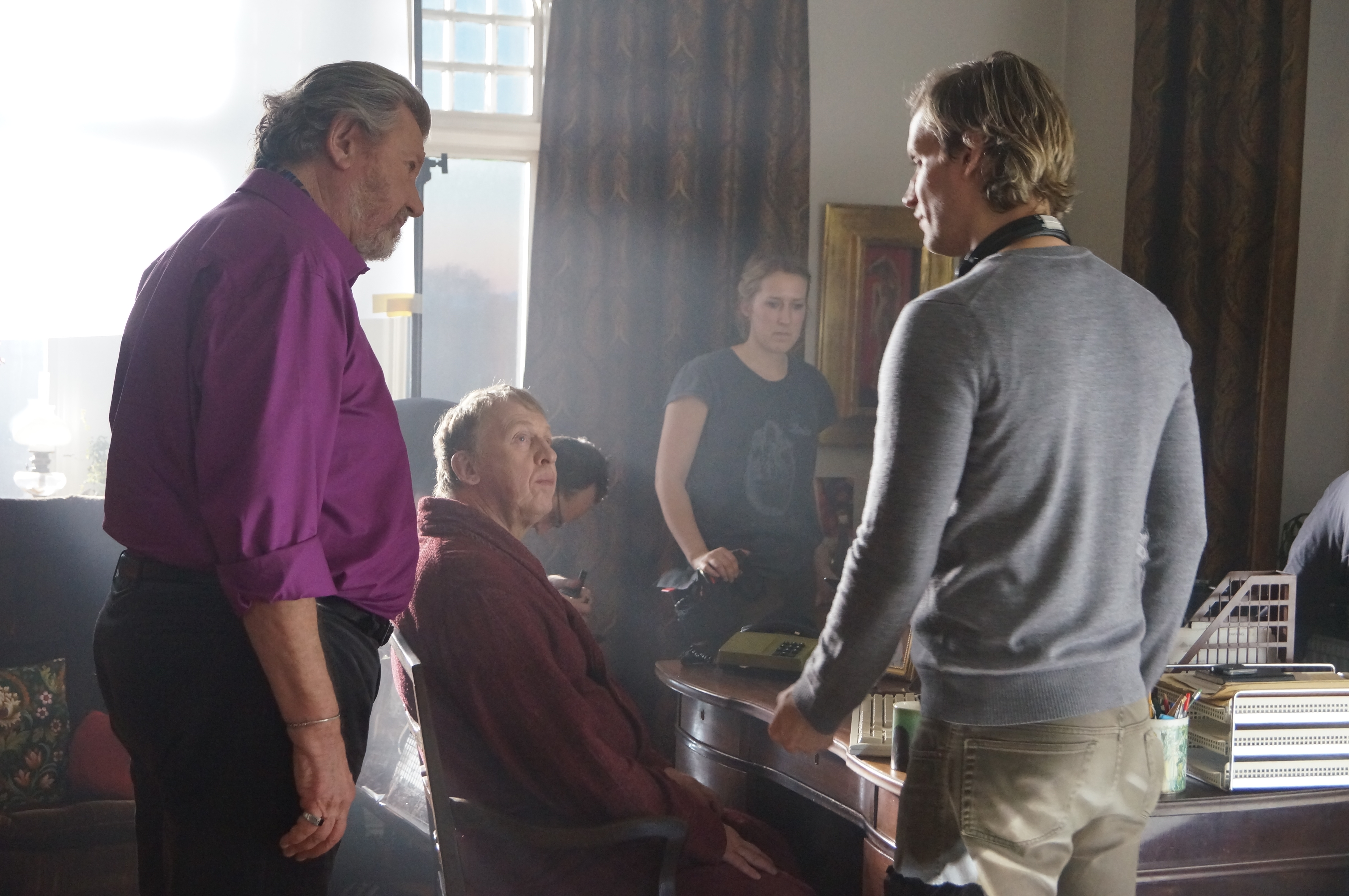 Actors Iwar Wiklander and Tomas von Brömssen being directed by Casper Andreas during the shooting of A LAST FAREWELL, in February 2013.