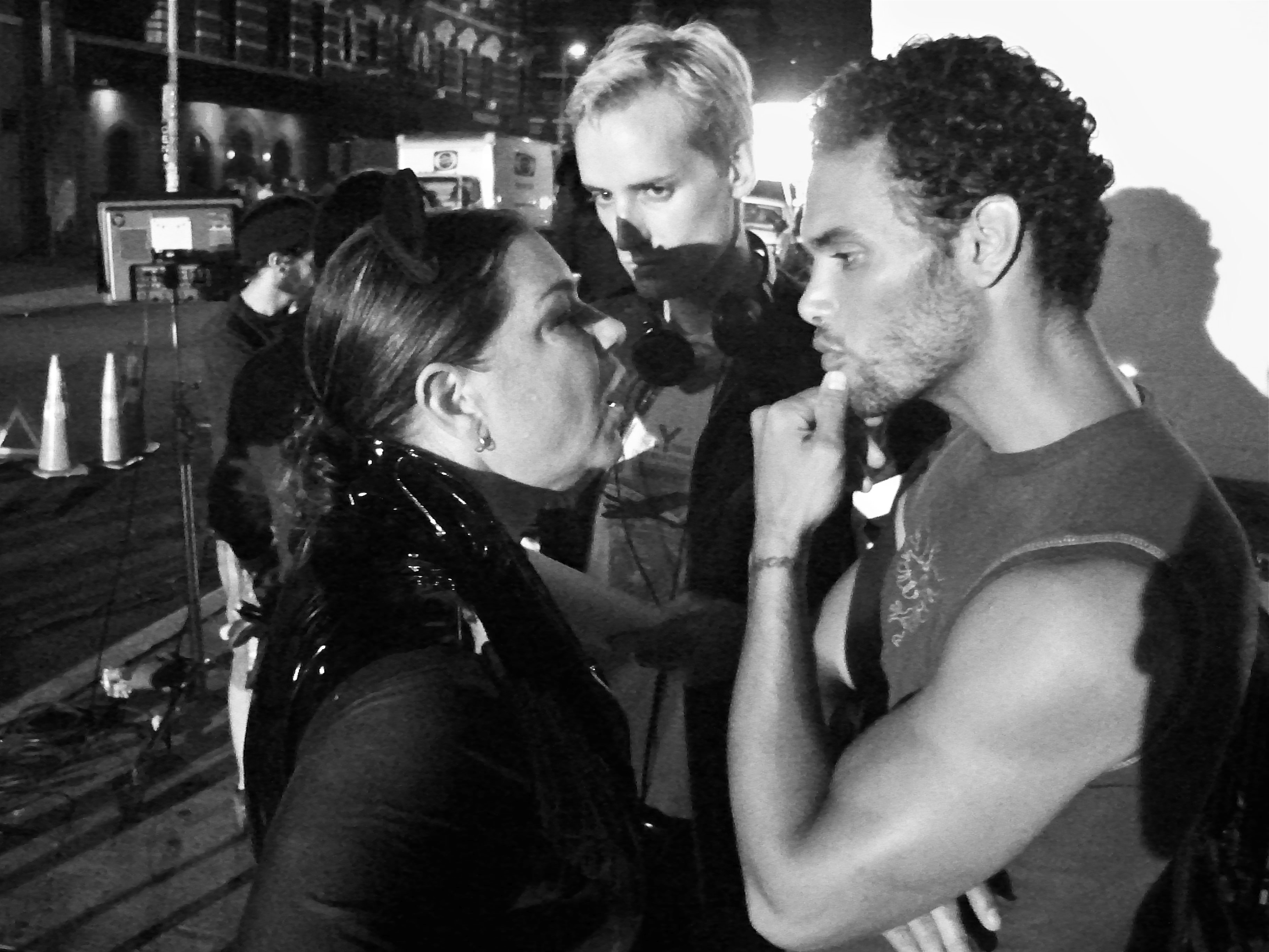 Director Casper Andreas rehearsing with Mindy Cohn (Violet) and Marcus Patrick (Zeus) on the set of 