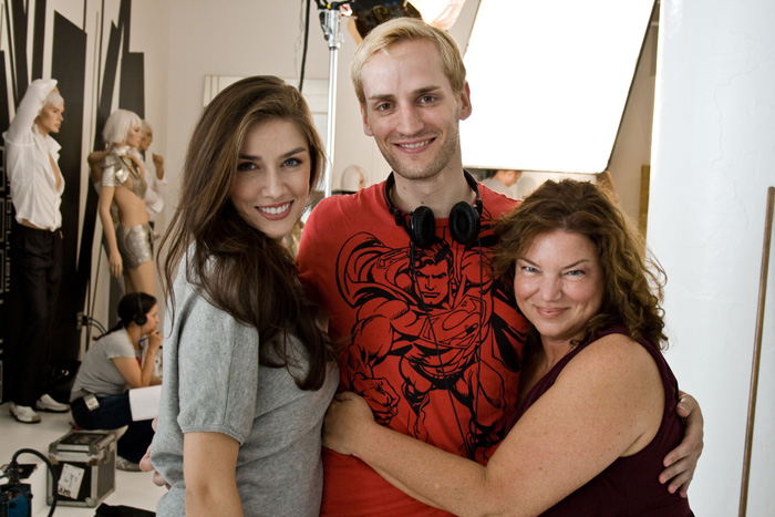 Director Casper Andreas with stars Kim Allen (Salome) and Mindy Cohn (Violet) on the set of 