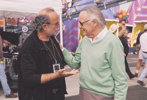 Executive Producer AVI ARAD (left) and Spider-Man creator STAN LEE on the set of Columbia Pictures' action adventure SPIDER-MAN.