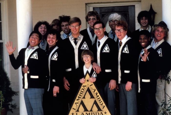 Still of Anthony Edwards, Robert Carradine, Curtis Armstrong, Timothy Busfield, Larry B. Scott and Brian Tochi in Revenge of the Nerds (1984)