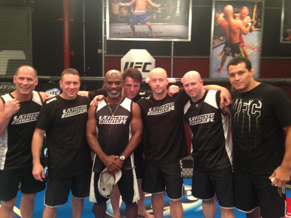 Scott Mcquary, Jamie Ridgeway, Clayton Hires, Chael Sonnen, Chris Ashworth, Jamie Huey and Vinny Magalhaes on the set of THE ULTIMATE FIGHTER season 17. Chris Ashworth and Jamie Ridgeway made an appearance towards the end of the season.