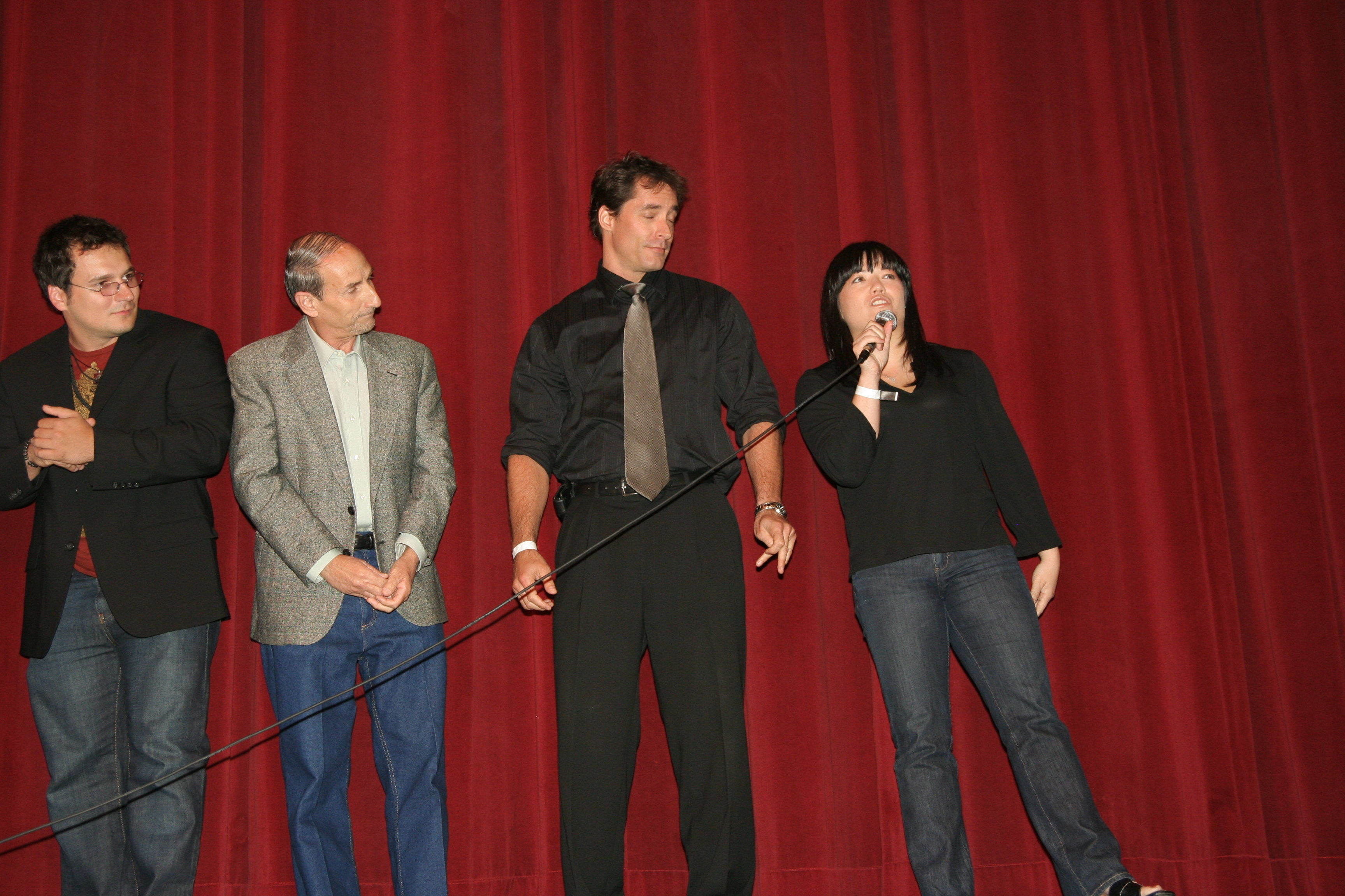 (R to L) Associate Producer Erin Quill, Co-Producer Brad Thorton, and Actor Michael Auteri on stage at the LA Premiere of THE SENSEI for the Los Angeles Asian Pacific Film Festival.