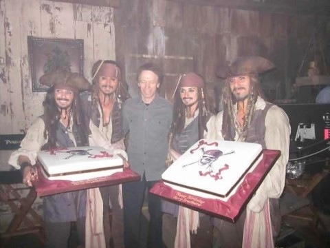 Jennifer, Johnny Depp, Jerry B., Penelope, and Chris Leps on Pirates of the Caribbean: On Stranger Tides. Celebrating Jerry's birthday
