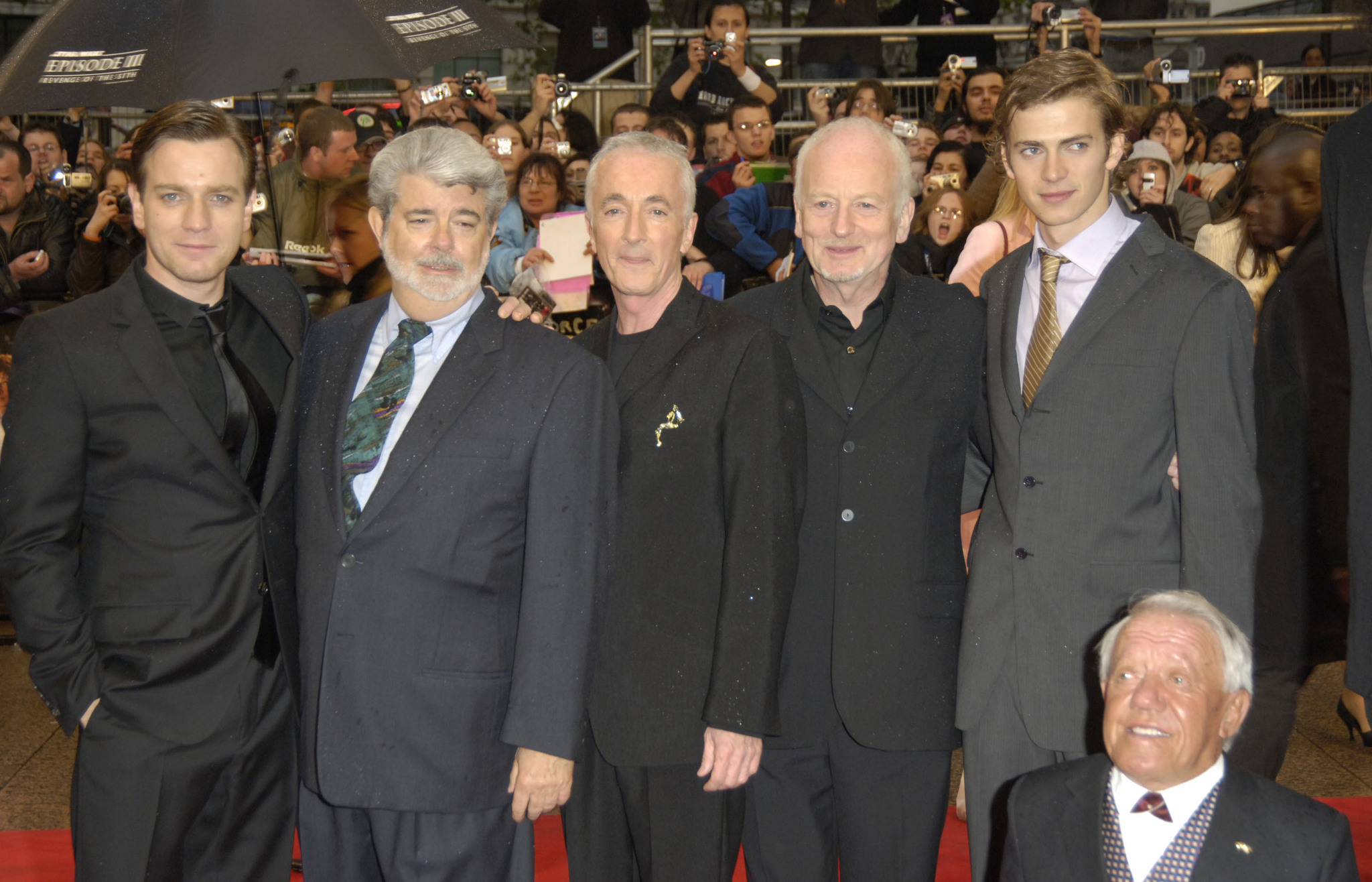 George Lucas, Ewan McGregor, Anthony Daniels, Ian McDiarmid, Kenny Baker and Hayden Christensen