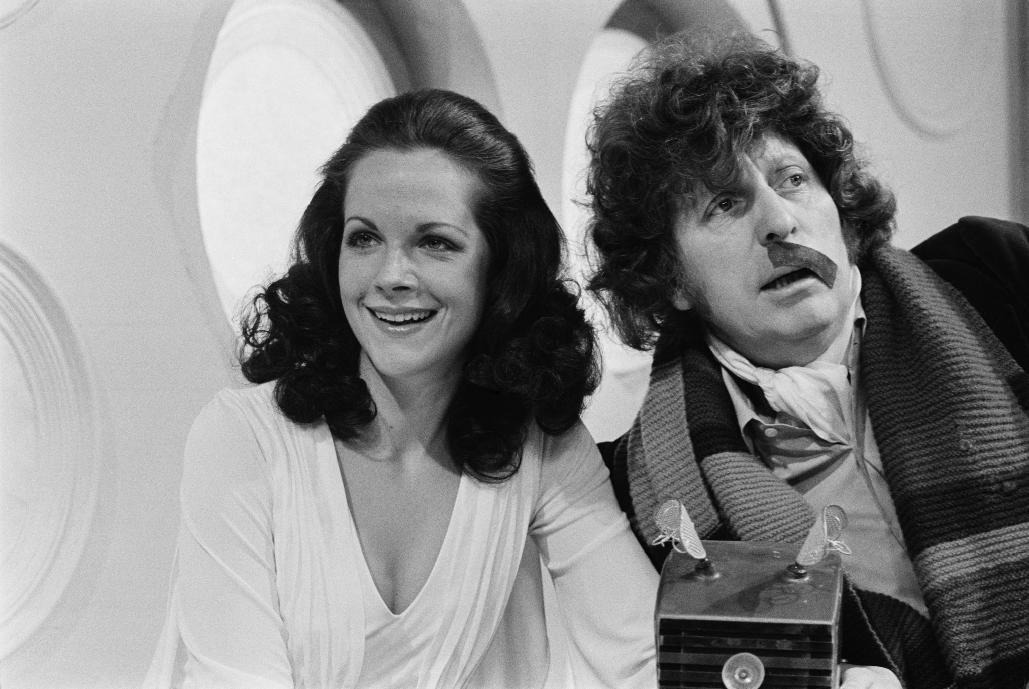 Tom Baker, as Doctor Who, and Mary Tamm as his companion, Romana, on the set of the BBC television science fiction series 'Doctor Who', at BBC TV Centre, London, 25th April 1978.