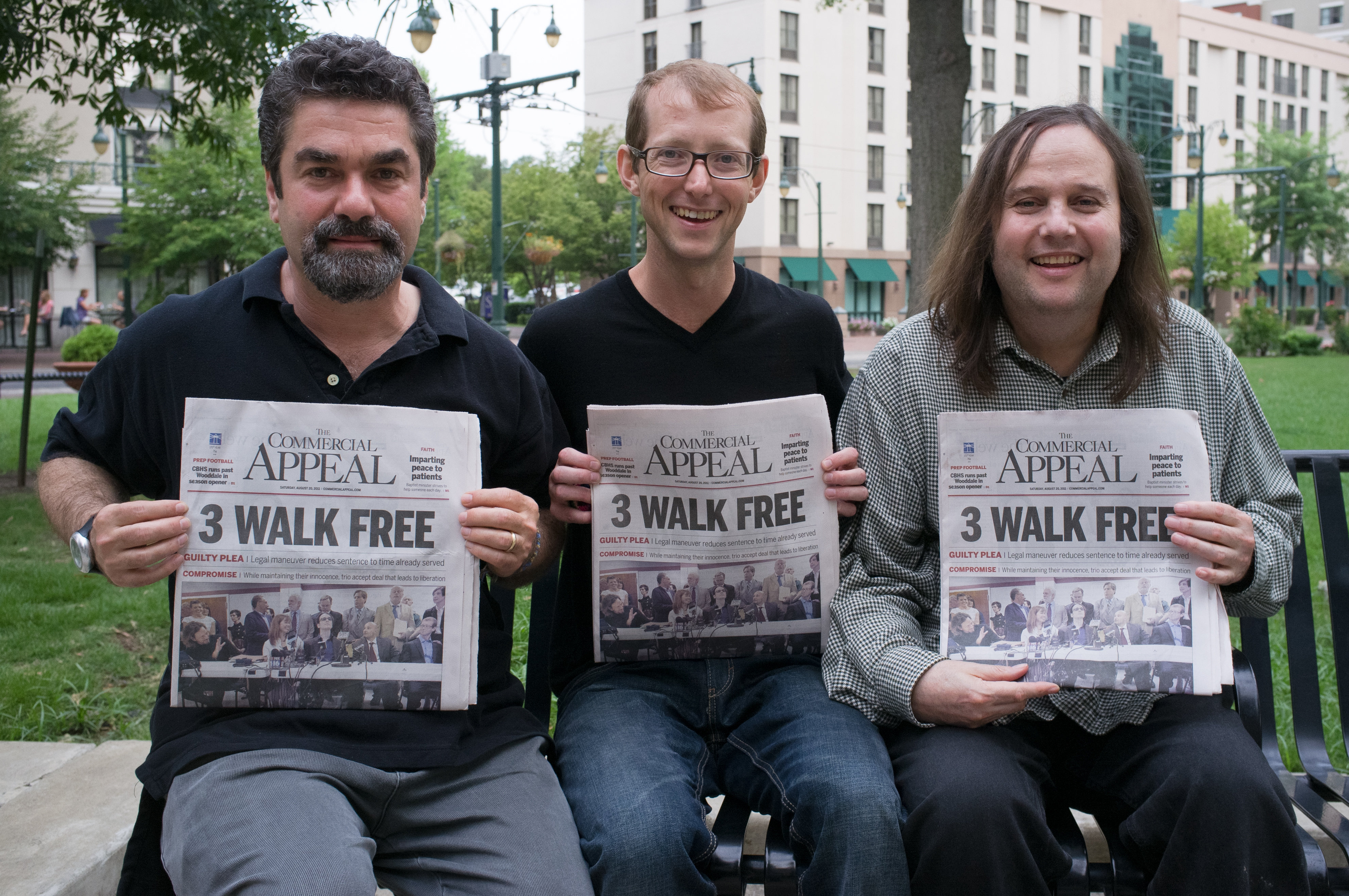 Filmmakers Joe Berlinger (left) and Bruce Sinofsky (right) with Jason Baldwin (one of the West Memphis 3) in Memphis on the morning after Jason's release from prison, ending his wrongful conviction nightmare.