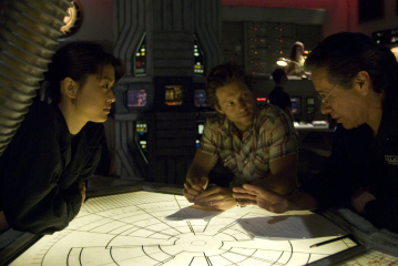 Still of Edward James Olmos, Jamie Bamber and Grace Park in Battlestar Galactica (2004)