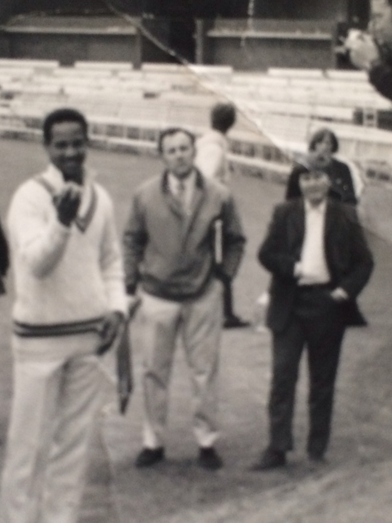 Dickie and Terry Bamber with Sir Gary Sobers at Lords during the filming of a Children's film foundation film