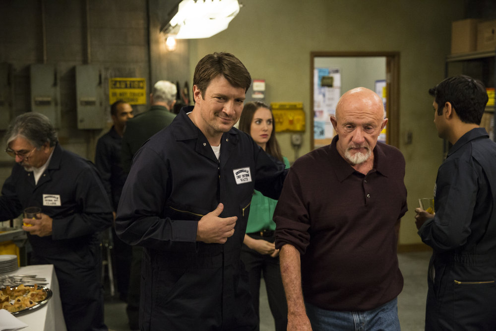 Still of Jonathan Banks, Nathan Fillion and Alison Brie in Community (2009)