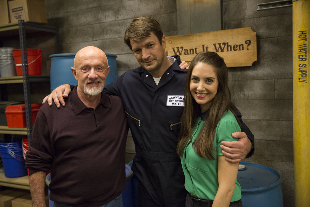 Still of Jonathan Banks, Nathan Fillion and Alison Brie in Community (2009)