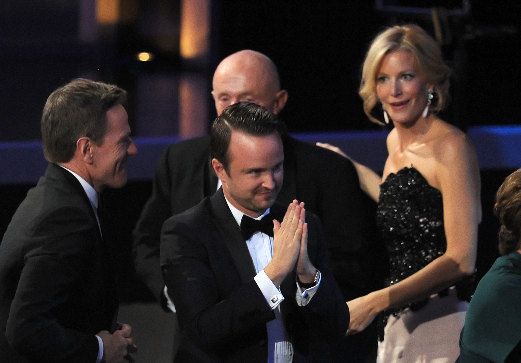 Jonathan Banks, Bryan Cranston, Anna Gunn and Aaron Paul at event of The 65th Primetime Emmy Awards (2013)