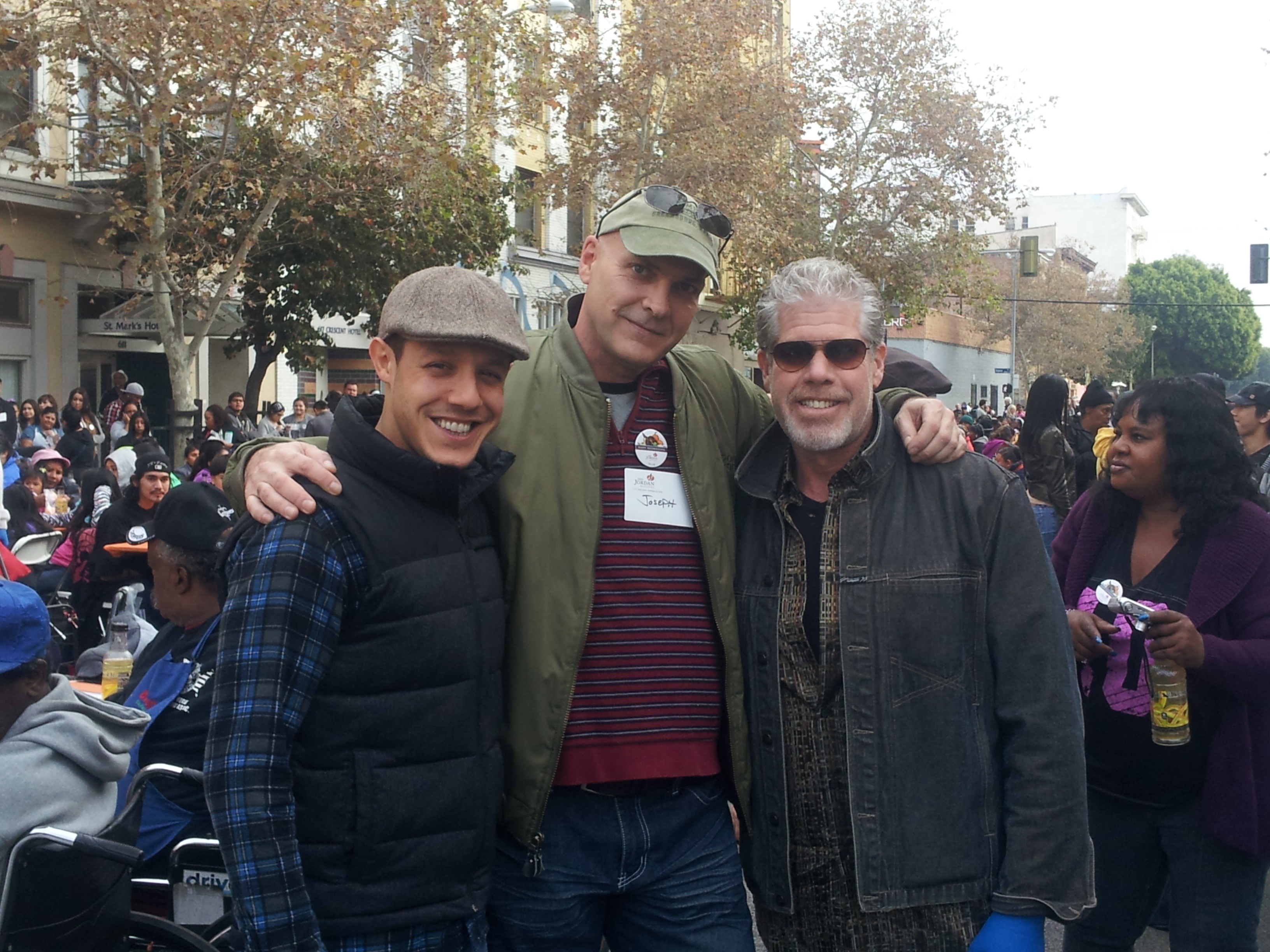 Thanksgiving downtown L.A. Mission. J.J. with Ron Perlman and Theo Rossi.