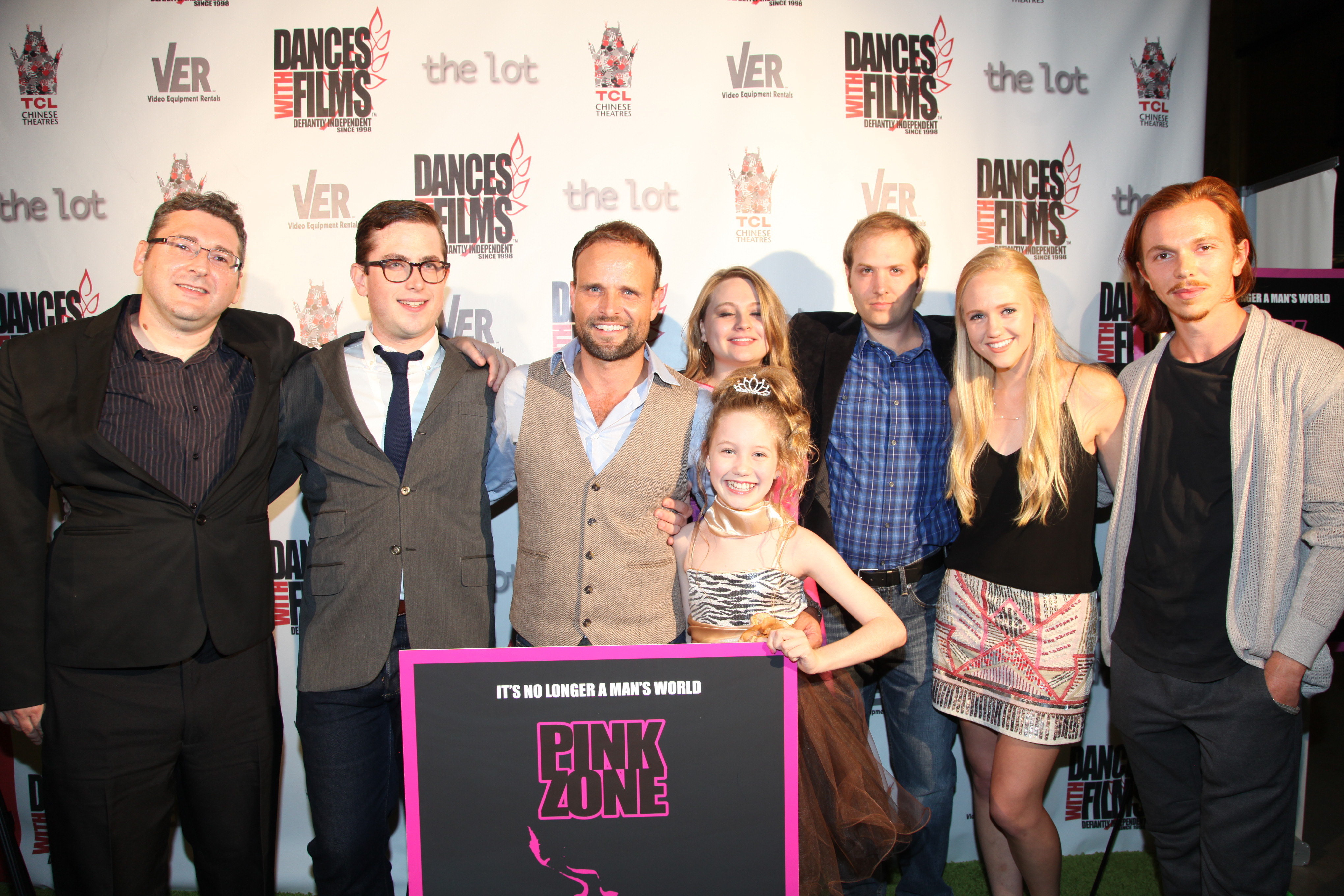 From left to right : Todd Bartoo, Benjamin Walter, Matt Cooper, Jayna Sweet, Ava Ames, Brandon Burrows, Courtney Welbon, Tiago Felizardo at the World Premiere of PINK ZONE at the Chinese Theatre.
