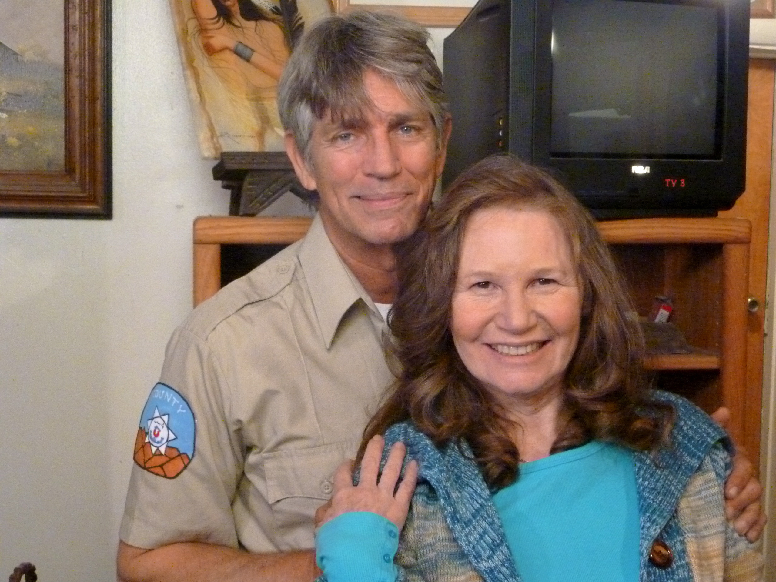 Eric Roberts as Sheriff Jensen, Roberta Bassin as his sister Kathy Jensen during filming of feature