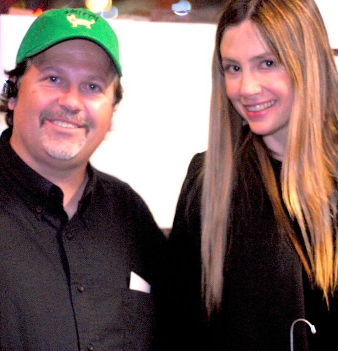 SMITTY wrap party in Des Moines, Iowa. Writer/Producer Michael Baumgarten with star Mira Sorvino.