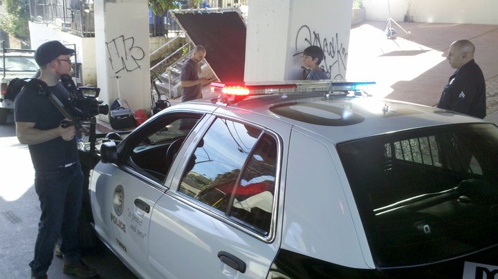 Dave Bean prepares to shoot a scene as a no-nonsense LAPD cop who has little tolerance for juvenile offenders.