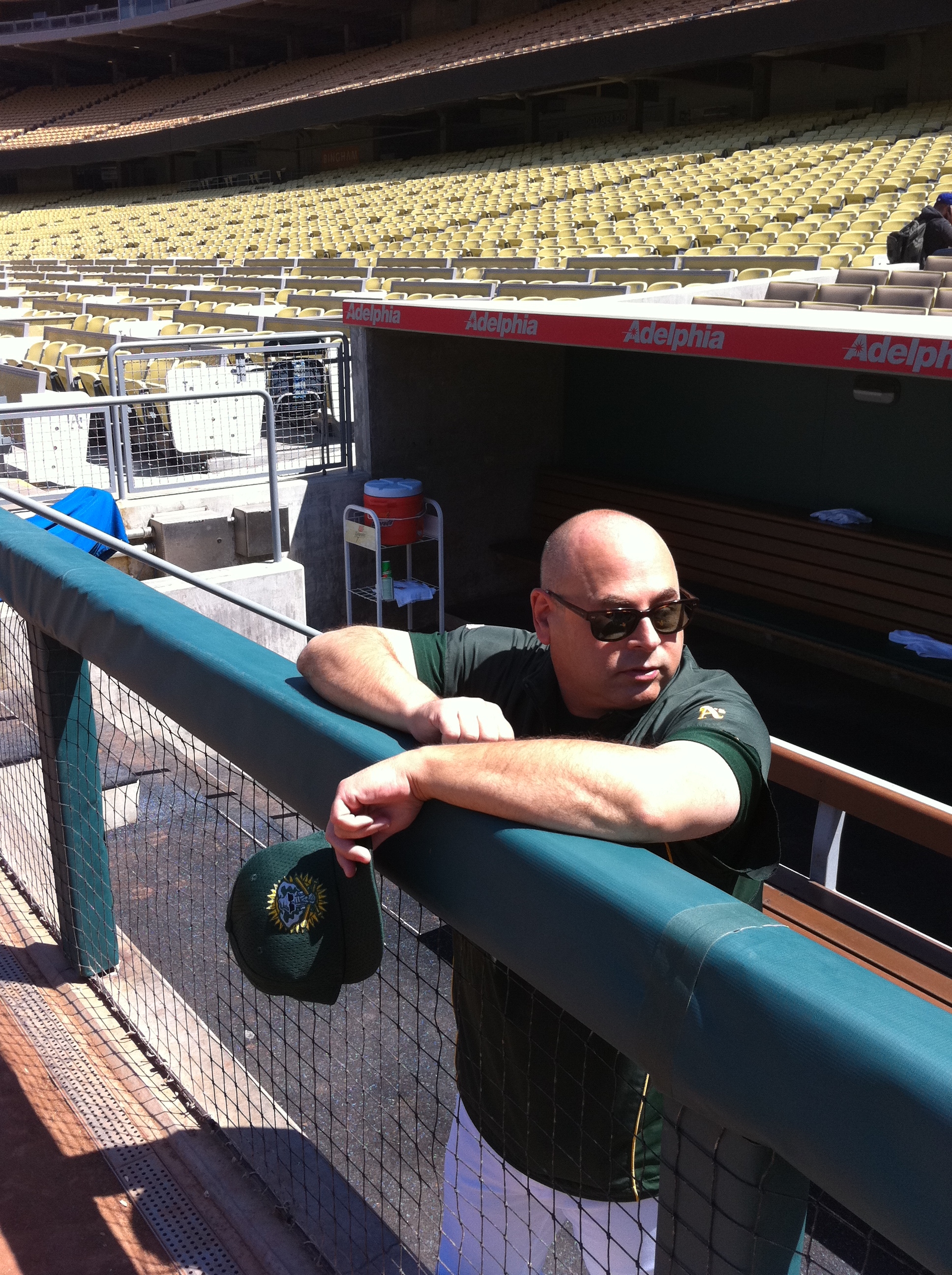 Dave Bean on the set at Dodger Stadium as an Oakland A's coach in the upcoming film 
