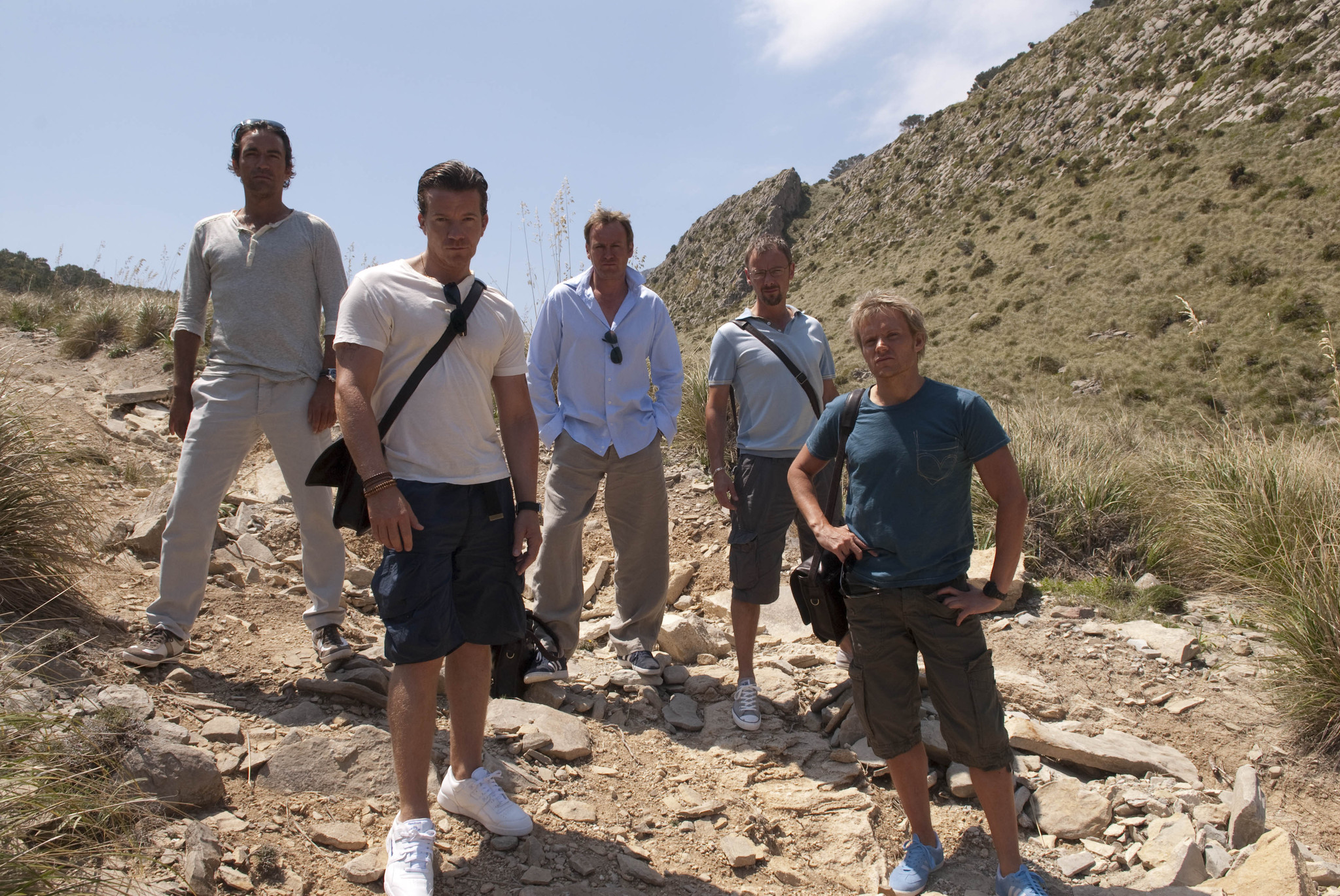 Still of Ben Chaplin, Max Beesley, Philip Glenister, John Simm and Marc Warren in Mad Dogs: Episode #1.1 (2011)