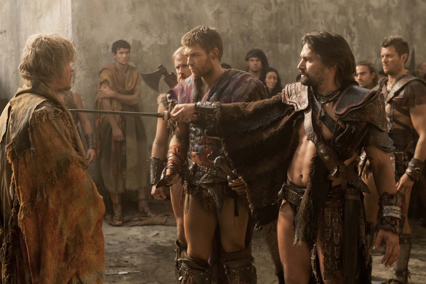 Still of Manu Bennett, Liam McIntyre and Todd Lasance in Spartacus: Blood and Sand (2010)