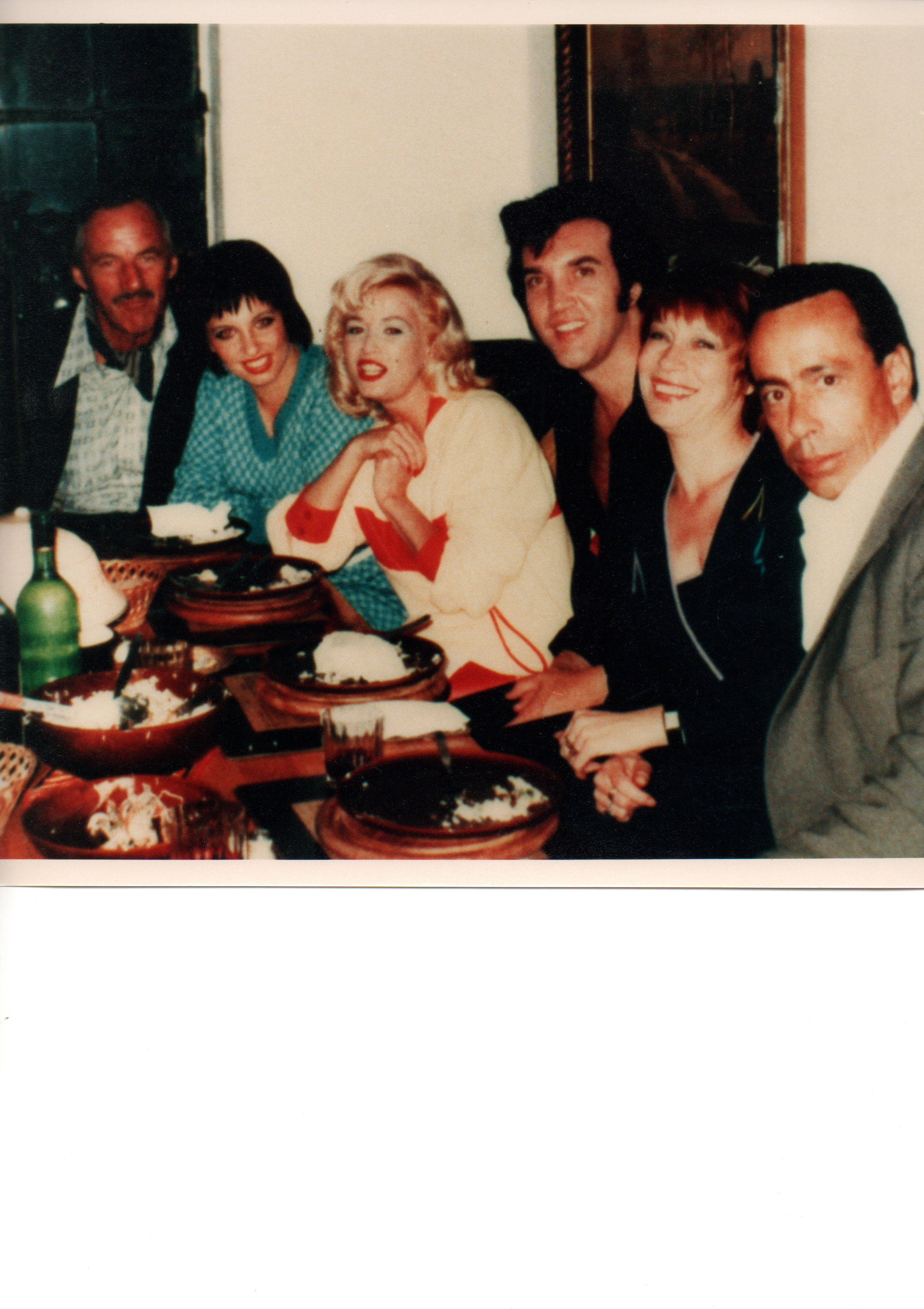 Lindy in German cigarette TV commercial with lookalikes as L-R: David Niven, Liza Minelli, Marilyn Monroe, Elvis, Shirley Maclean & Humphrey Bogart.