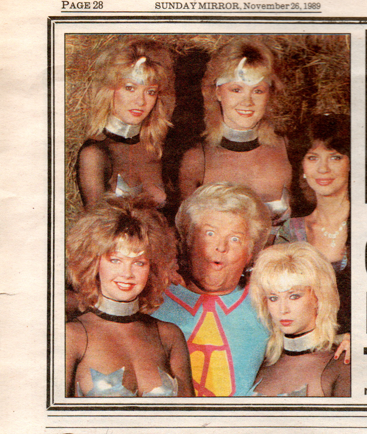 Benny Hill show. Front row, Corinne Russell with Benny Hill & Lindy Benson, as Wonderwoman.