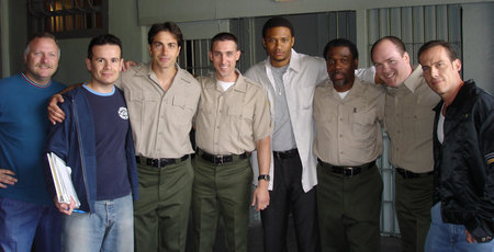 On the set of Central Booking (left to right) Martin Johnson, Alex Ranarivelo, Michael Bergin, Paul J. Alessi, David Ramsey, Alfonso Freeman, James D. Owens and Steven Gaswirth.