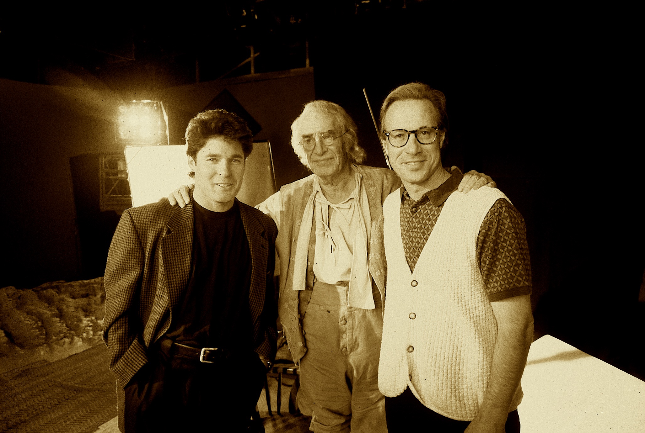 Director Ken Berris poses with Lionsgate Digital President Curt Marvis and Oscar winner Martin Landau on the set of Pinocchio.