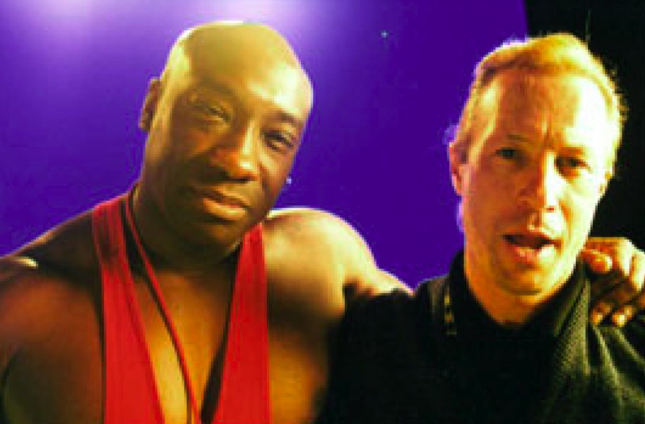 Director Ken Berris on the set of Panic In The Park with Oscar nominee Michael Clarke Duncan.
