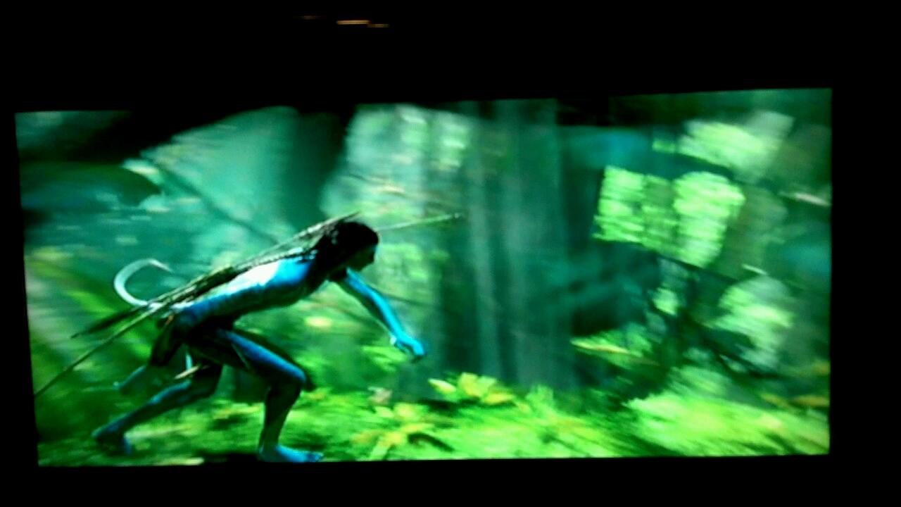 Erik Betts as Jake Sully about to leap off a cliff following Neytiri played by Zoe Zaldana.