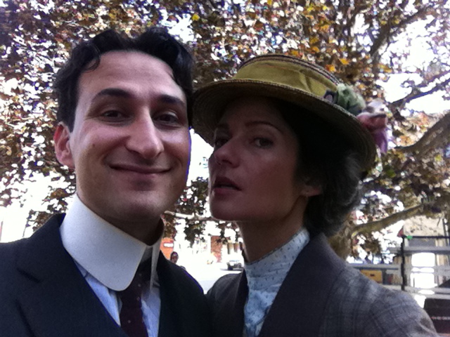 On set photo of Raoul Bhaneja as Henry Mullins opposite Jill Henessey in Sunshine Sketches.