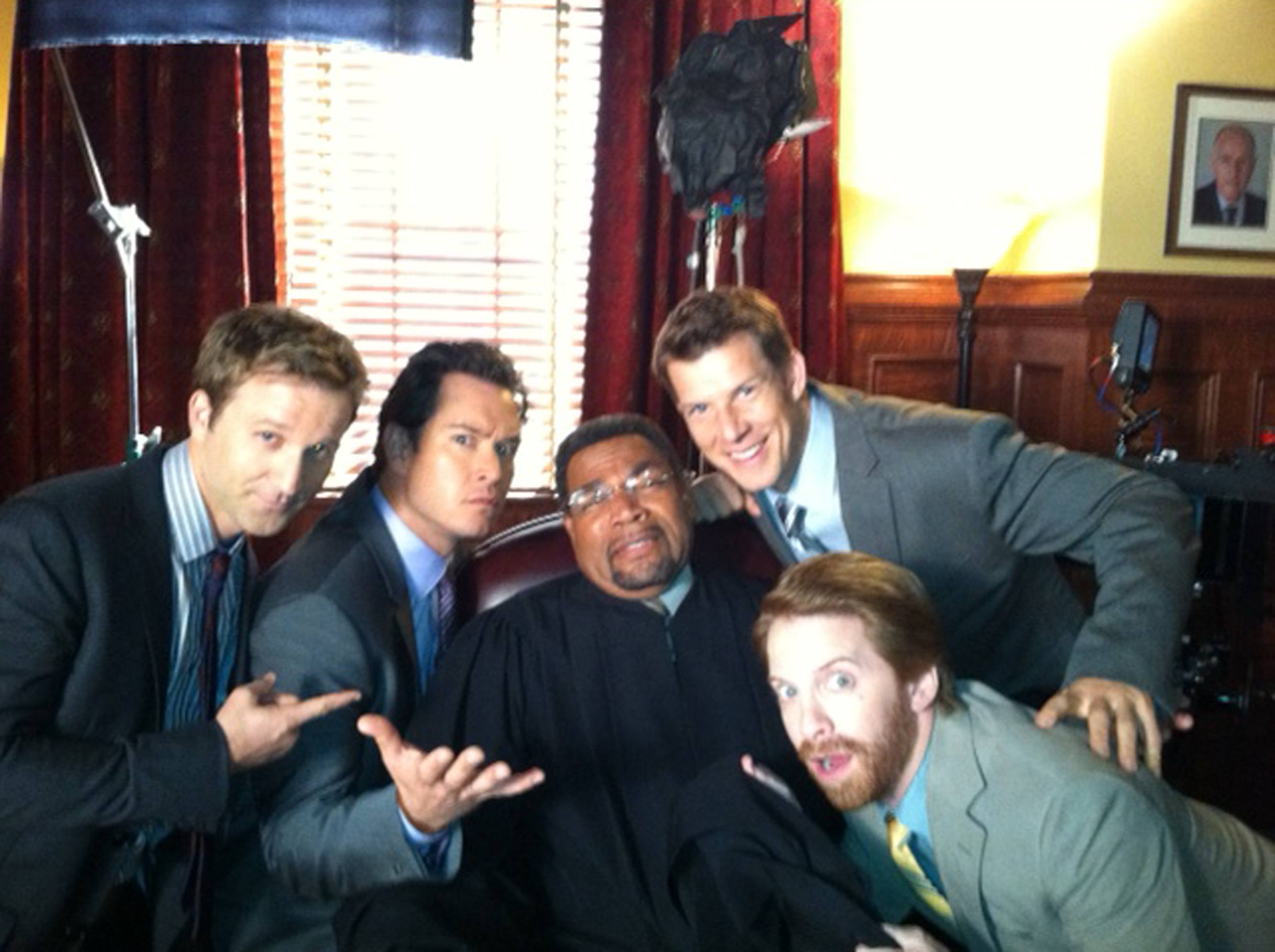 on the set of Franklin and Bash - Beau Billingslea, Breckin Meyer, Mark-Paul Gosselaar, Eric Mabius, Seth Green