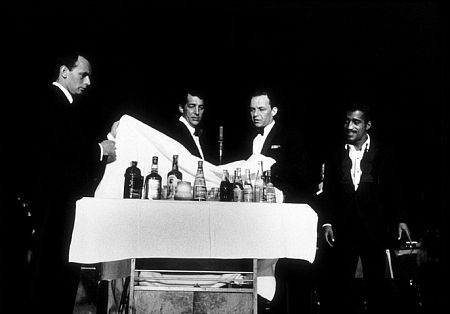 Frank Sinatra with Joey Bishop, Dean Martin, and Sammy Davis, Jr. at the Sands Hotel in Las Vegas, NV, 1960.