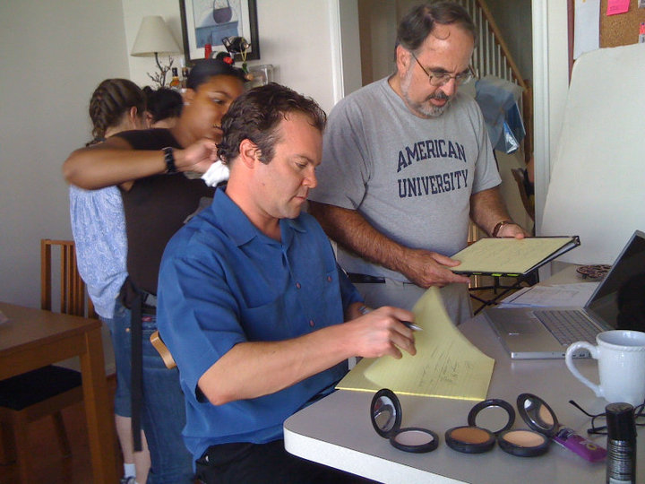 Director Blair and actor Regen Wilson on set of The Good Listener