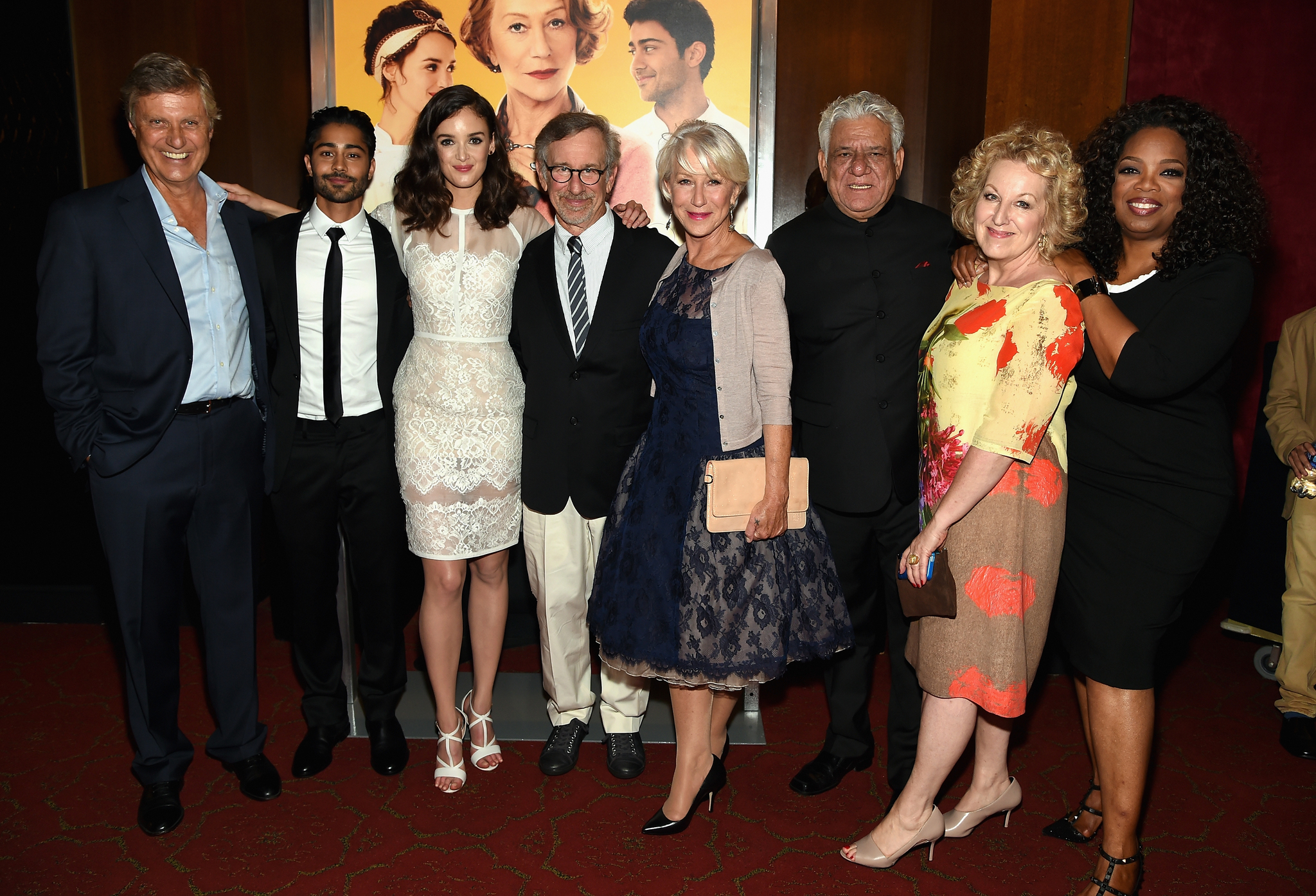 Steven Spielberg, Helen Mirren, Oprah Winfrey, Juliet Blake, Om Puri, Manish Dayal and Charlotte Le Bon at event of Simto zingsniu kelione (2014)