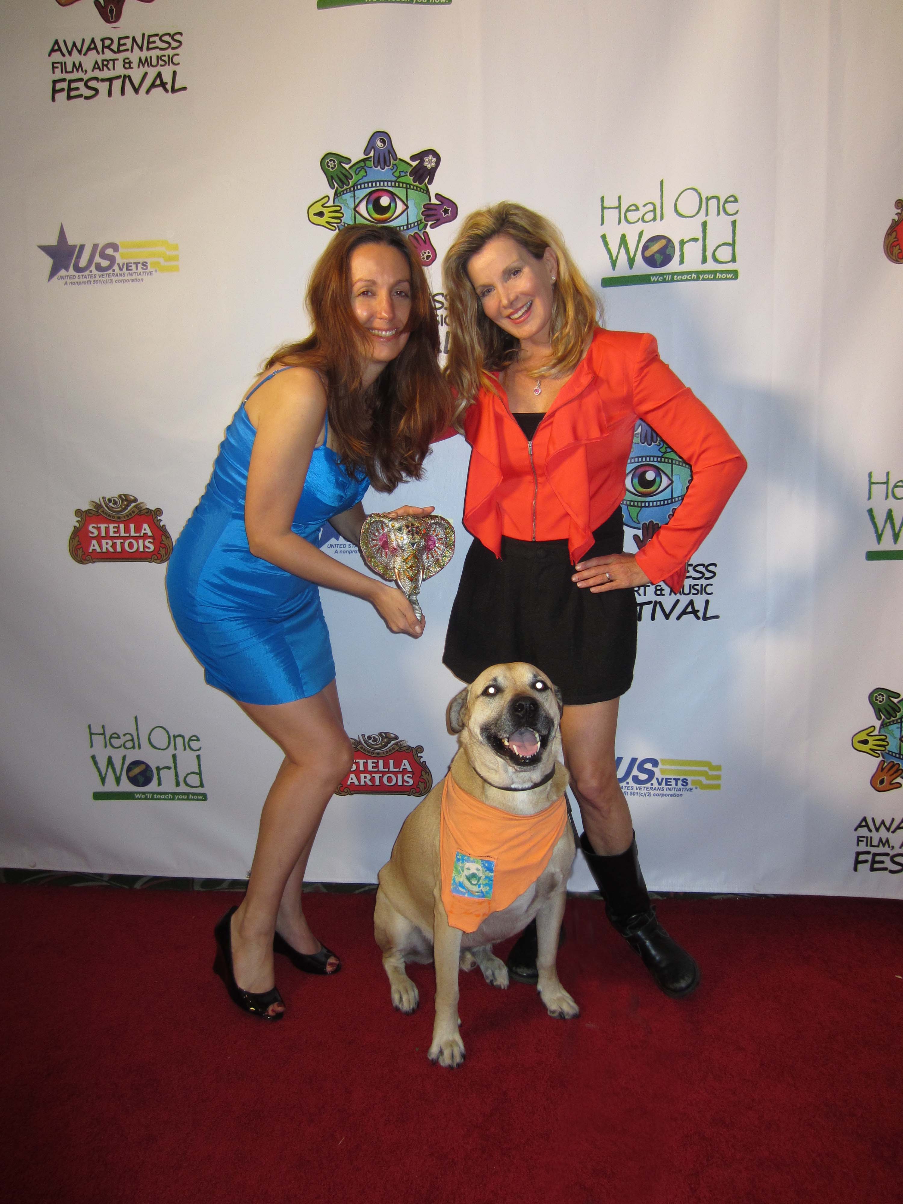 Awareness Film Festival, Megan Blake and Super Smiley, Visionary Award Winners for Super Smiley Flash Mob - A Dogumentary. Super Smiley's Film Debut & Megan's Directoral Debut. Here with Festival Director Skye Kellie. This is