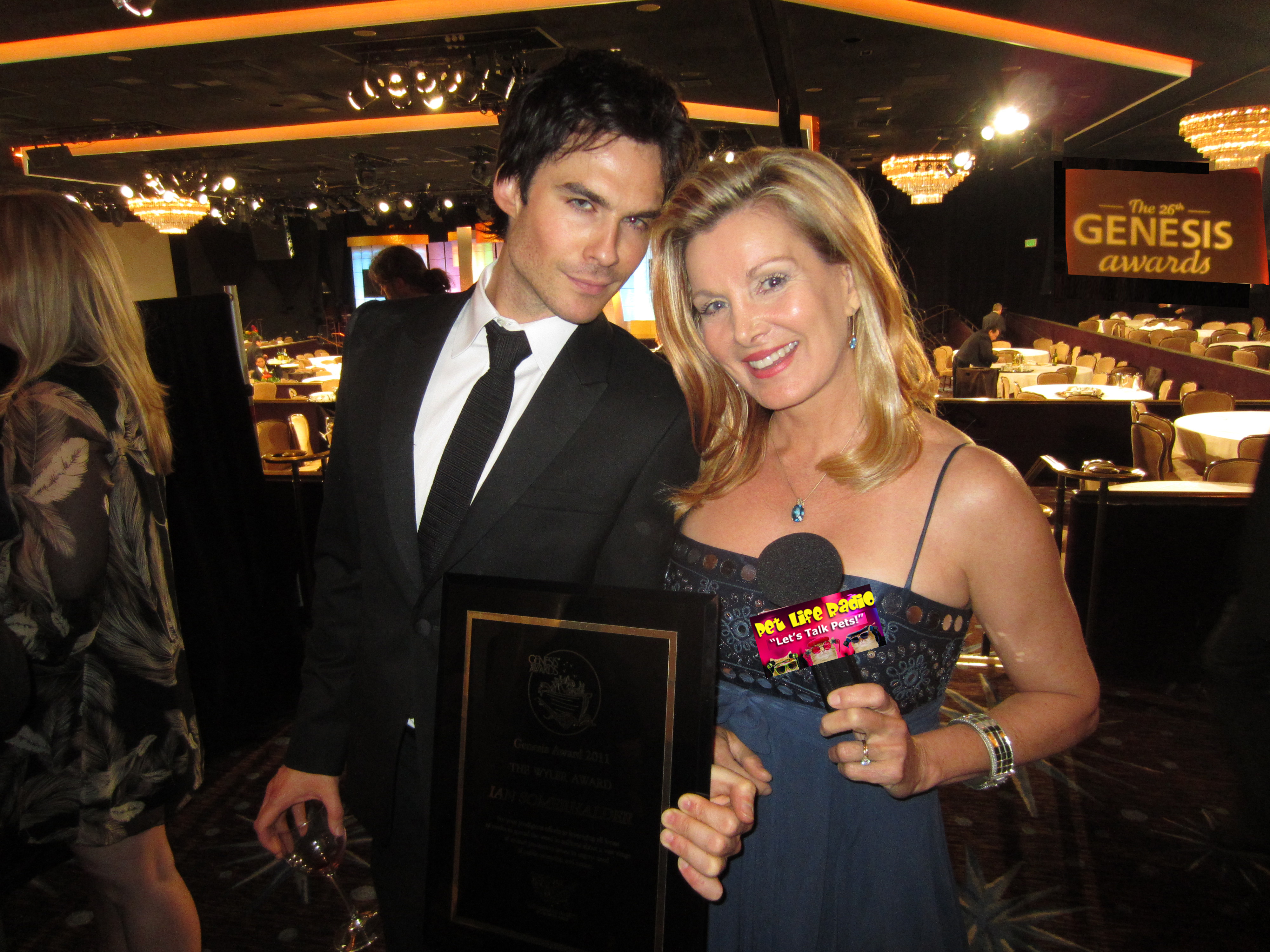 Genesis Awards, Megan Blake wins Honorary Mention for Pet Life Radio, A Super Smiley Adventure. Here with Ian Somerhalder from The Vampire Diaries.