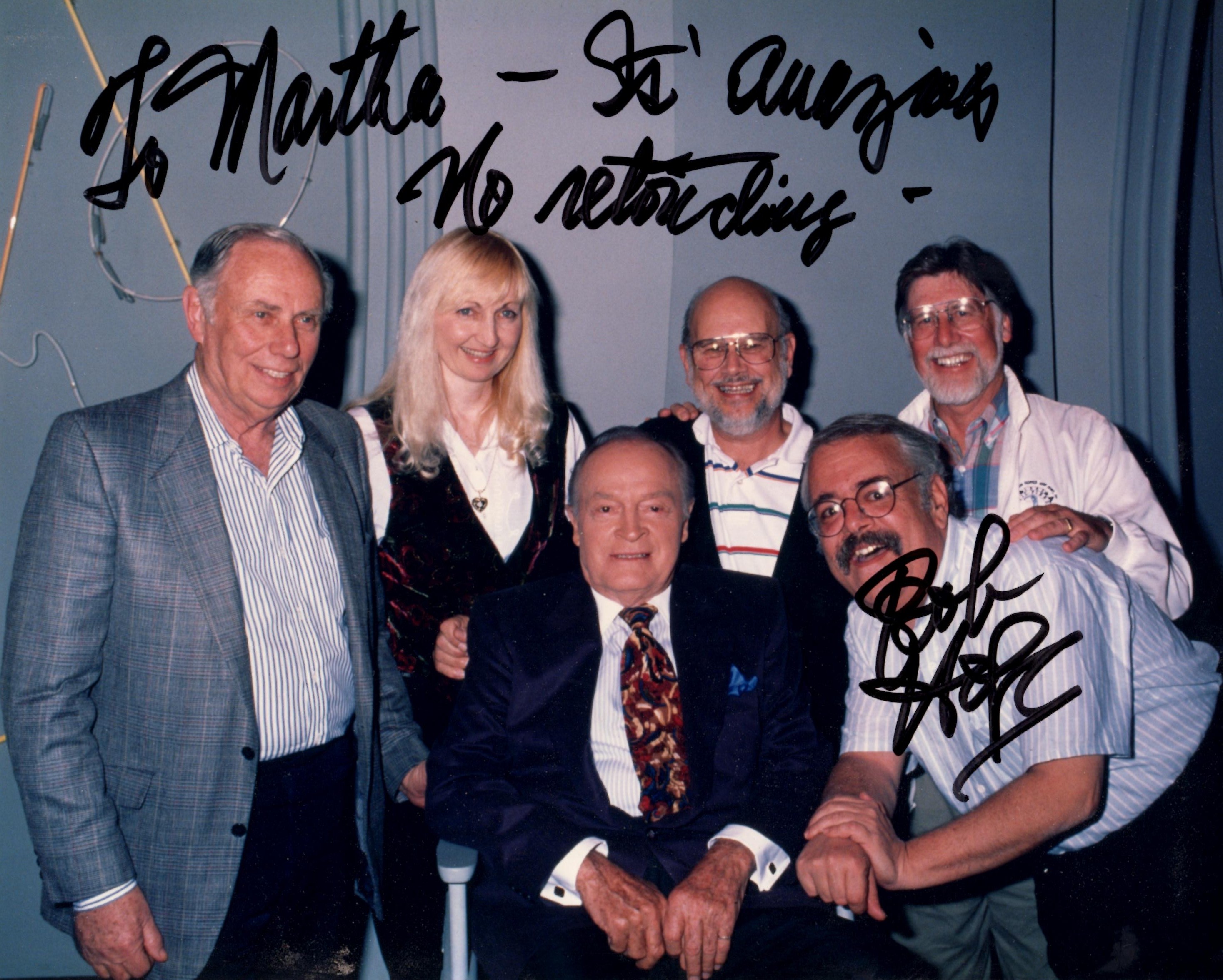 Bob Hope with writers Seaman Jacobs, Martha Bolton, Gene Perret, Bob Mills, and Jeffrey Barron