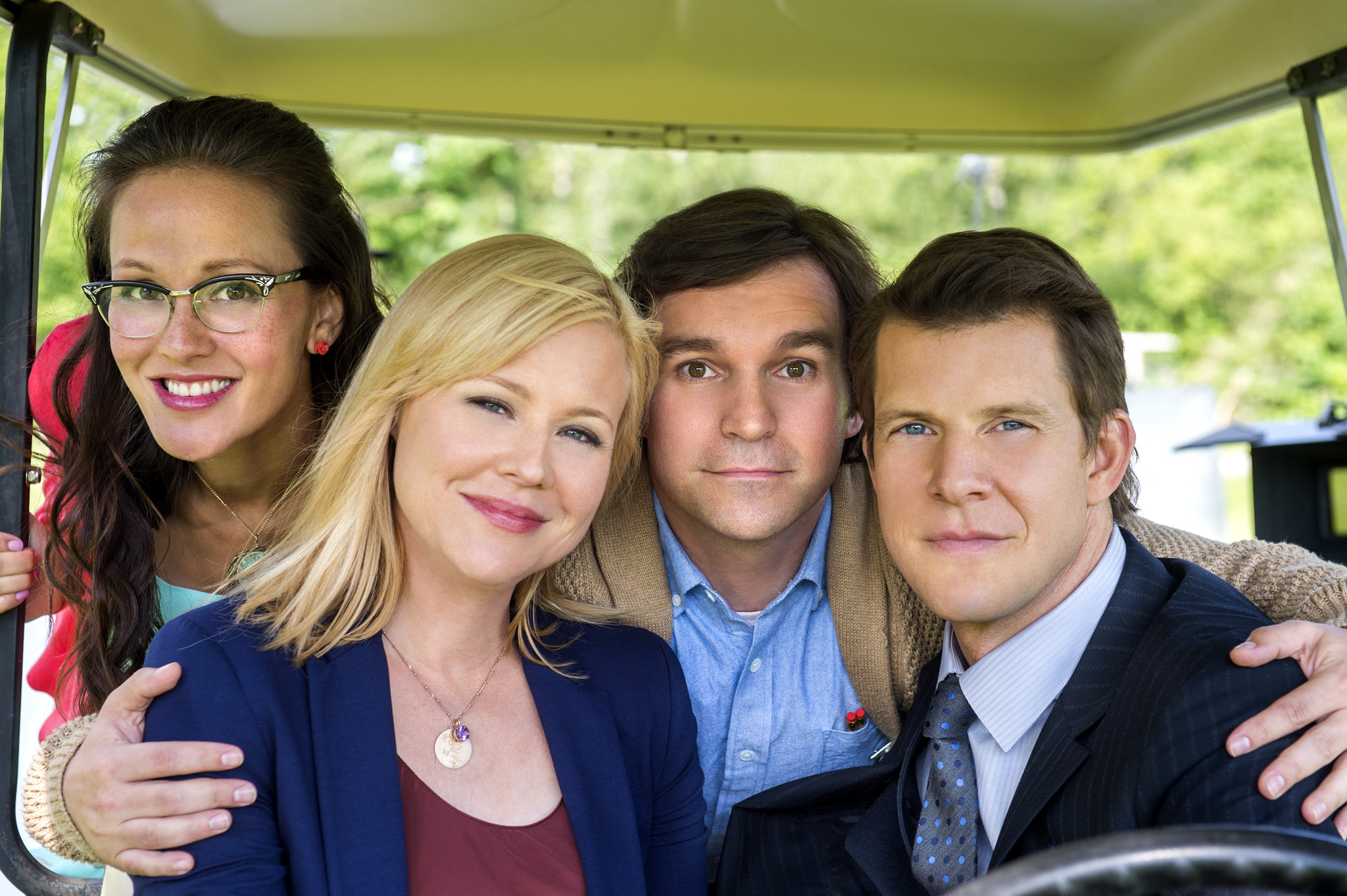 Still of Kristin Booth, Crystal Lowe, Eric Mabius and Geoff Gustafson in Signed, Sealed, Delivered (2014)