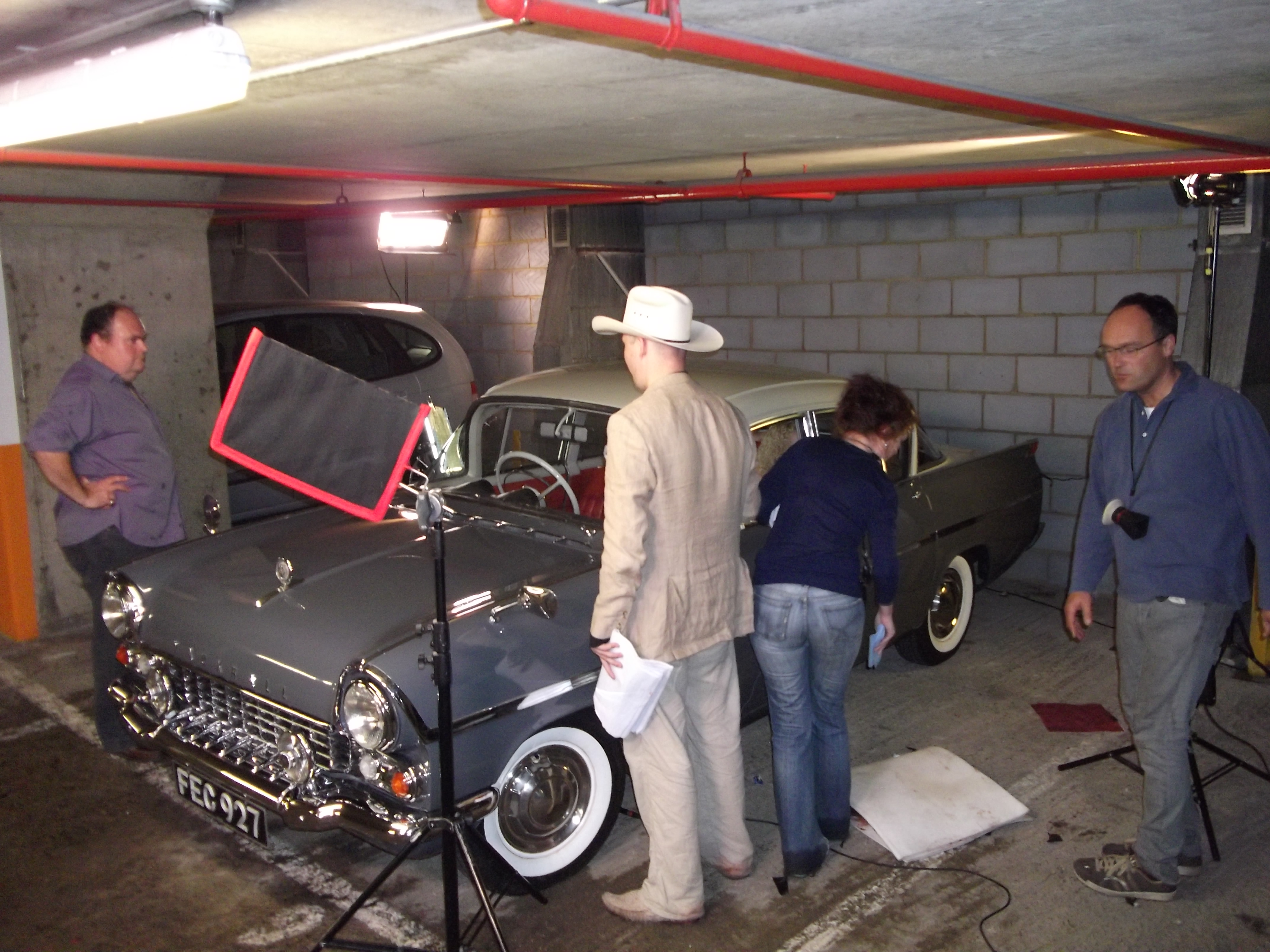 Human Centipede 2. Dominic Borrelli with his Vauxhall Cresta, on location with director Tom Six