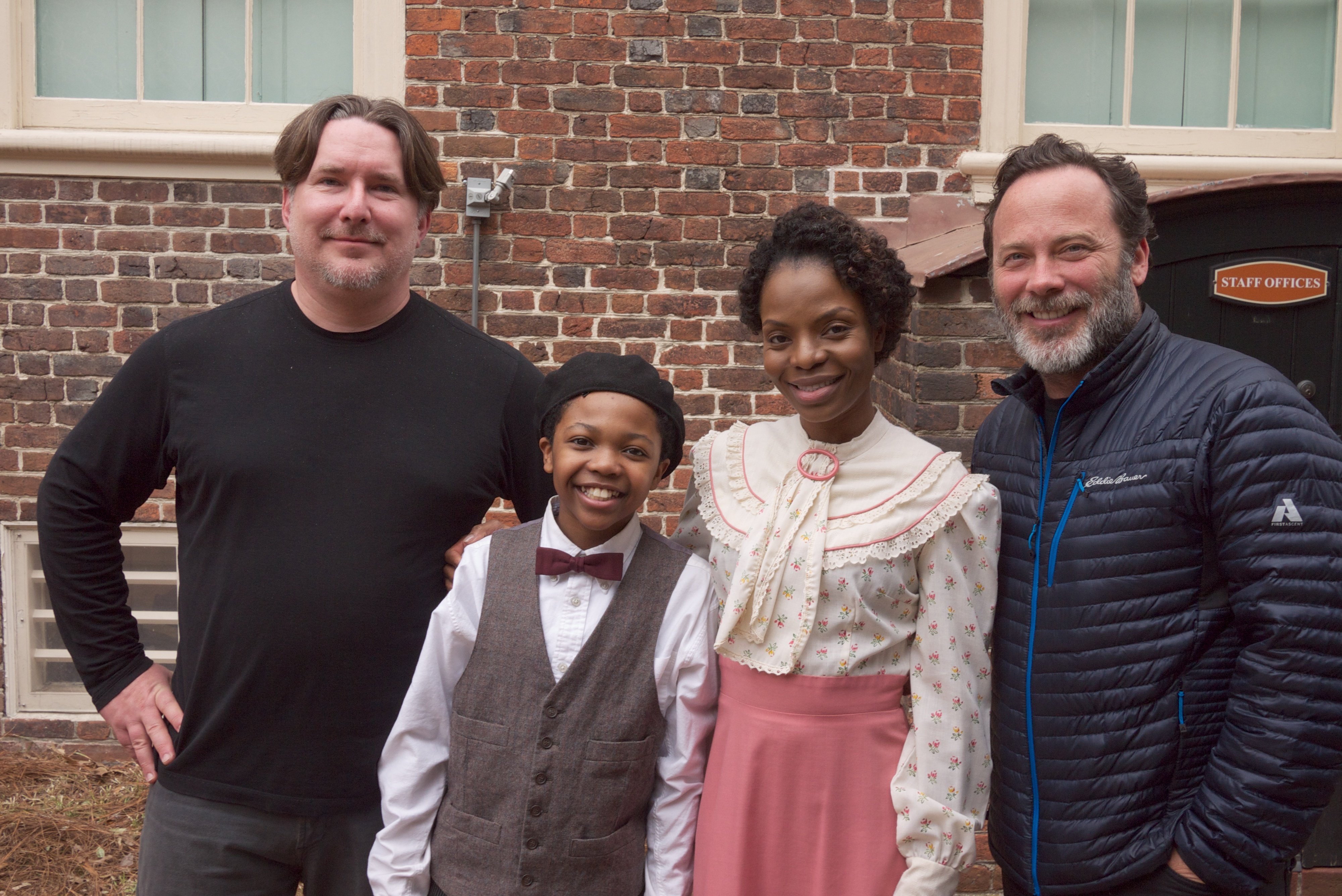 Director Derrick Borte, Writer / DP David Mallin, and stars Connor Berry and Marsha Stephanie Blake take a photo at the Moses Myers house in Norfolk, VA after wrapping for Day 2 of 