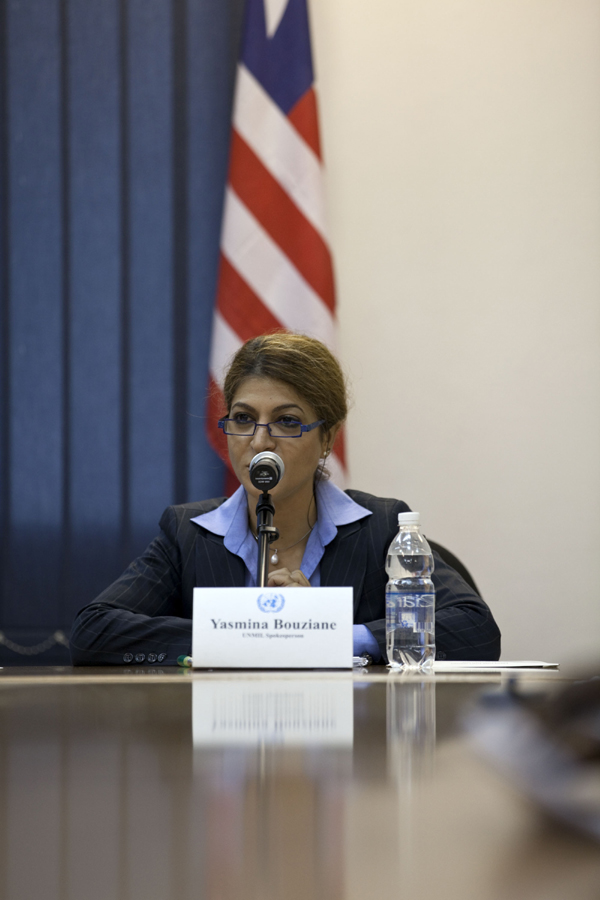 Yasmina Bouziane during a press conference at the United Nations headquarters in Monrovia, Liberia.