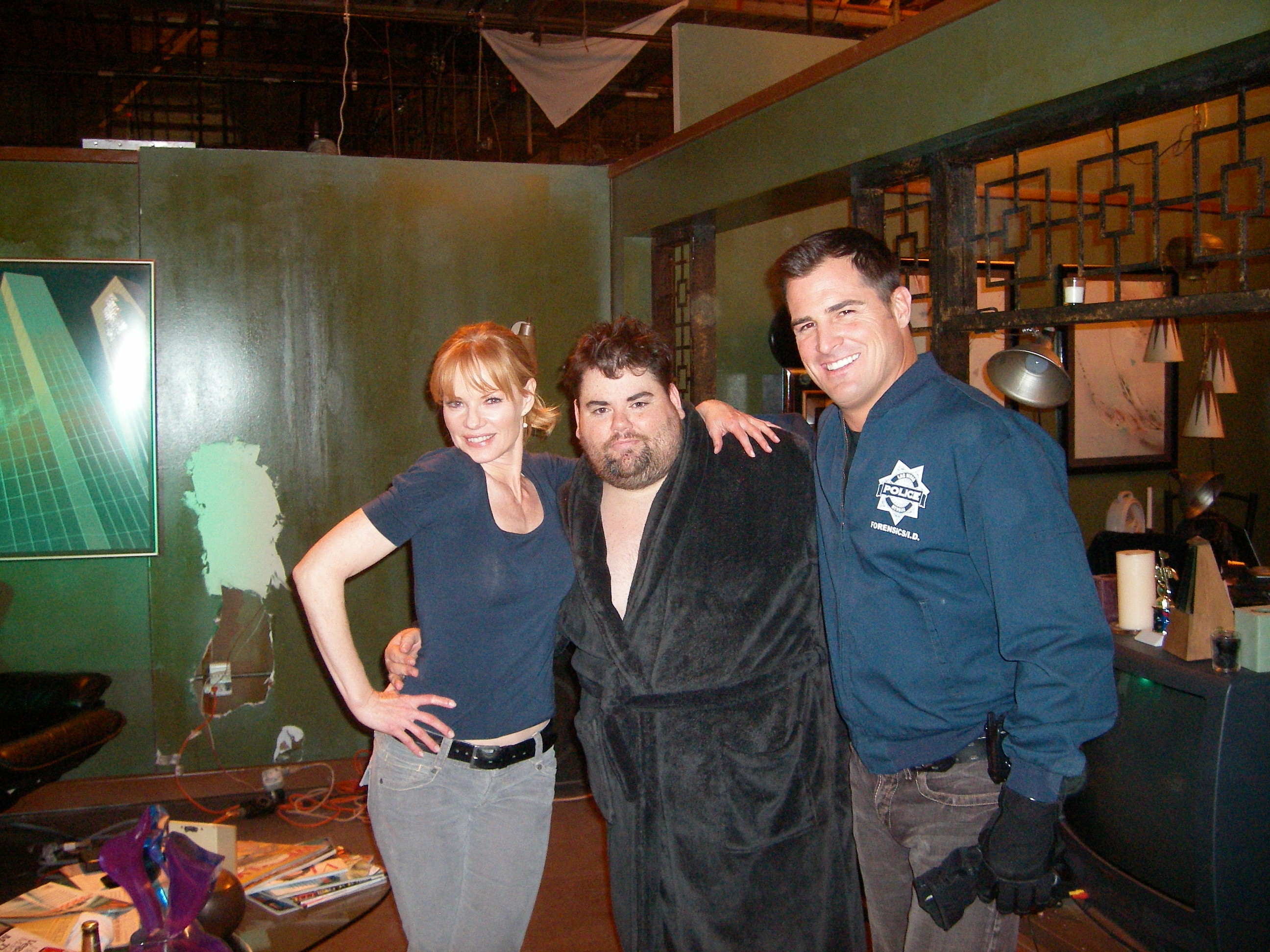 On Set:CSI (L-R)George Eads,Michael Ray Bower,Marg Helgenberger