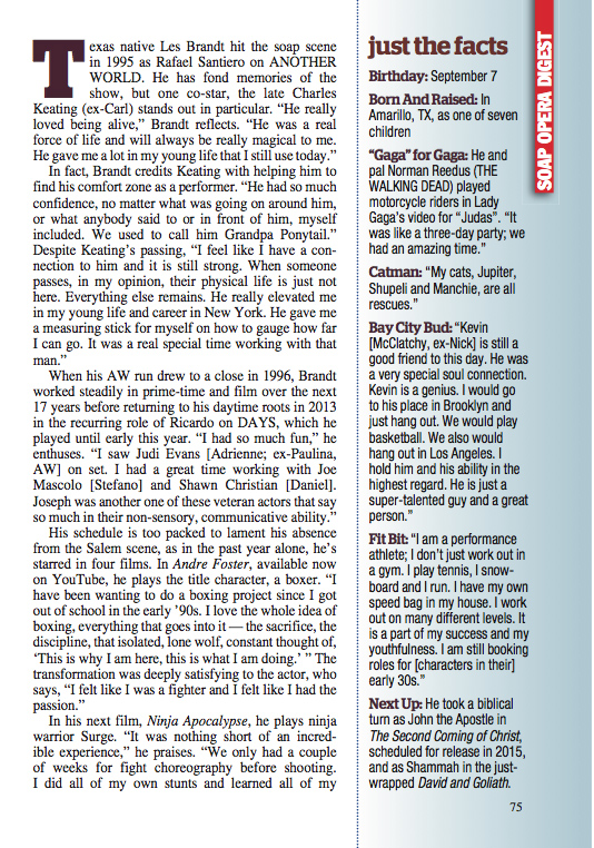 Soap Opera Digest Bryan Beckley/NY Writer December 1, 2014 Issue Gillian Strum Cornfield/PRSA Les Brandt