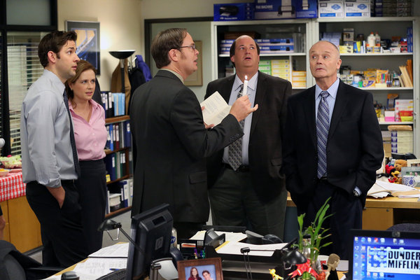 Still of Creed Bratton, Jenna Fischer, Rainn Wilson, John Krasinski and Brian Baumgartner in The Office (2005)