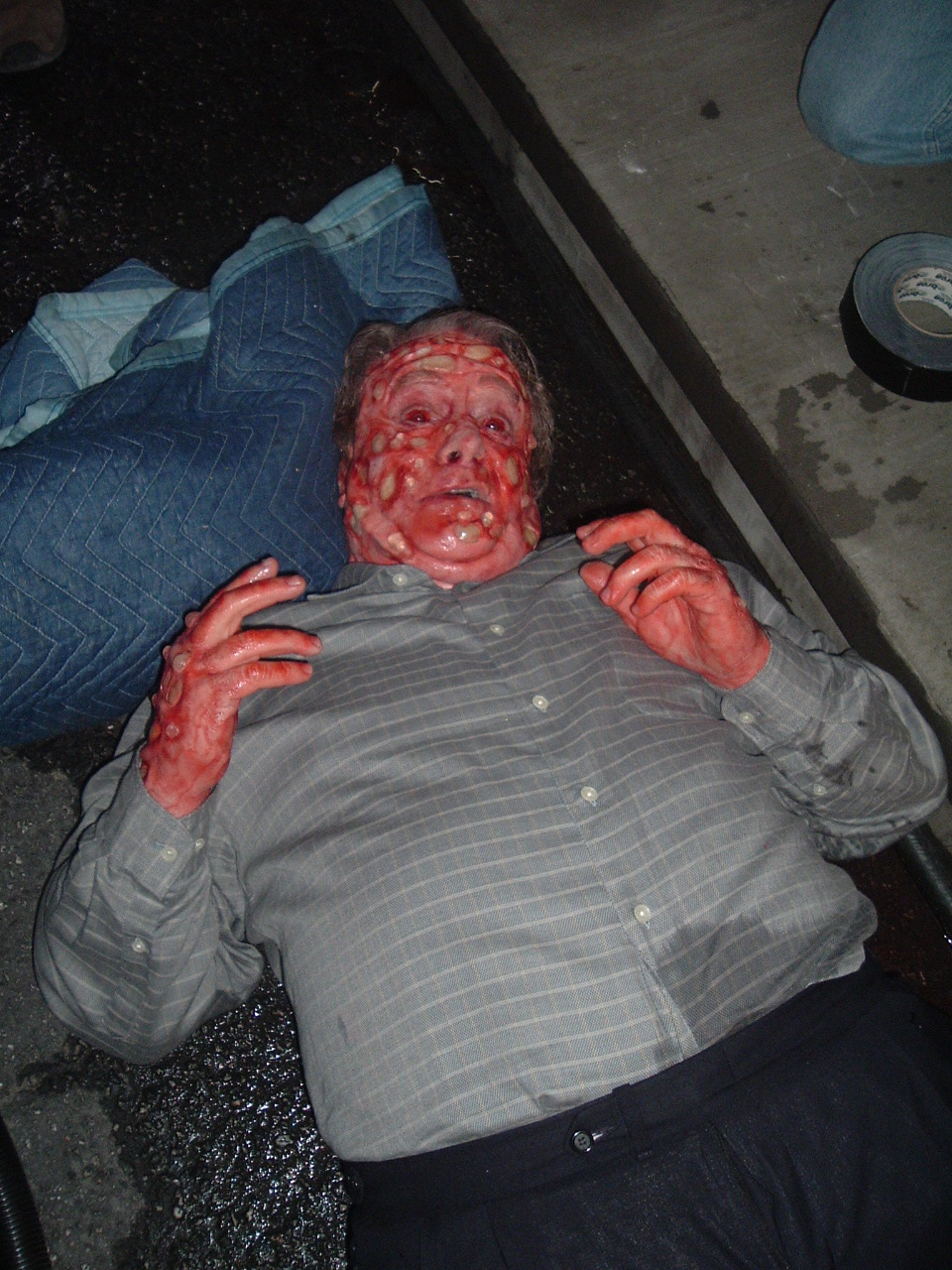 Kevin Brief spontaneously combustion-ing on ABCs NIGHT STALKER. Make up and effects by Matthew Mungle.